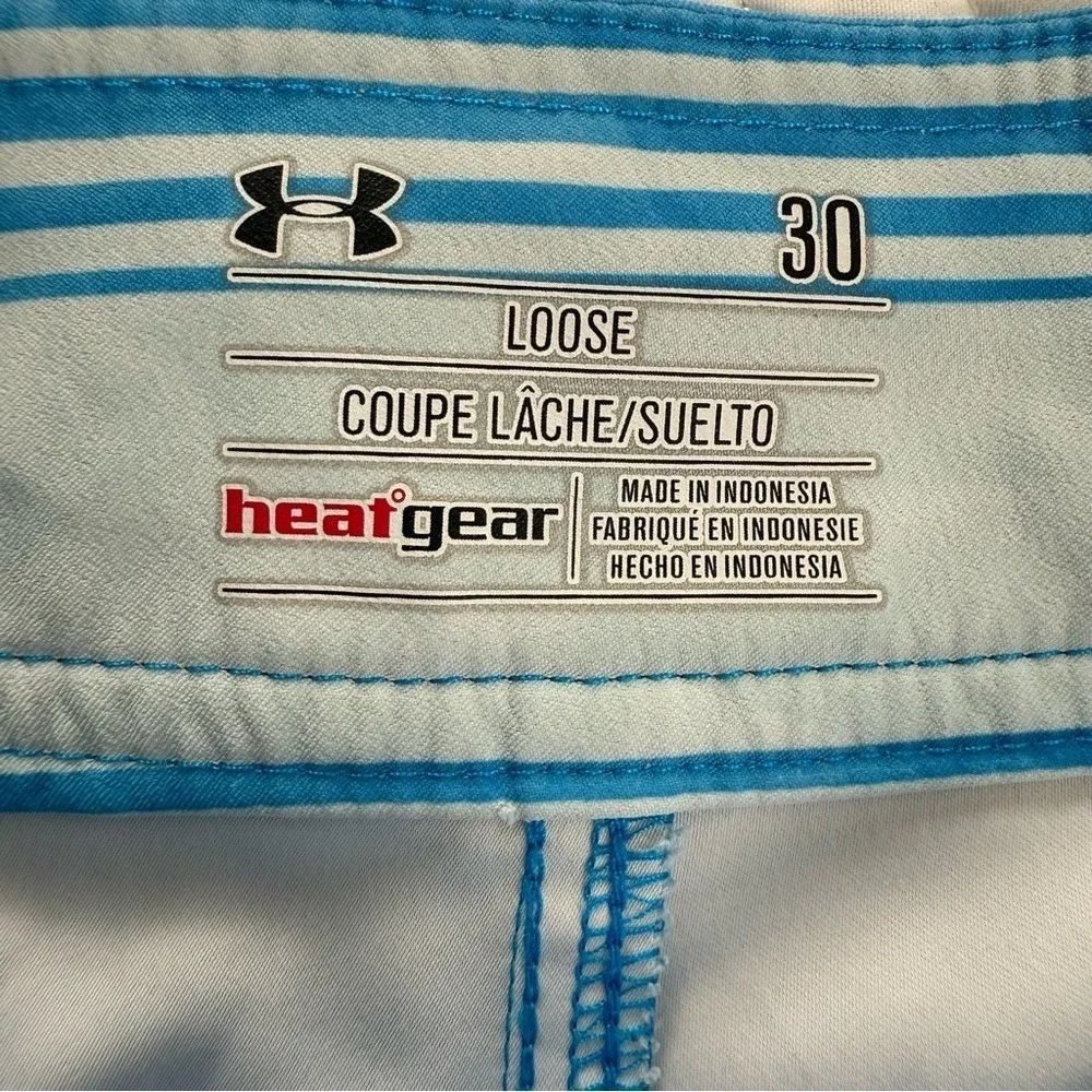 Under Armour Board Shorts STORM Men Size 30 Loose Heat Gear Blue Gray Stripe EUC